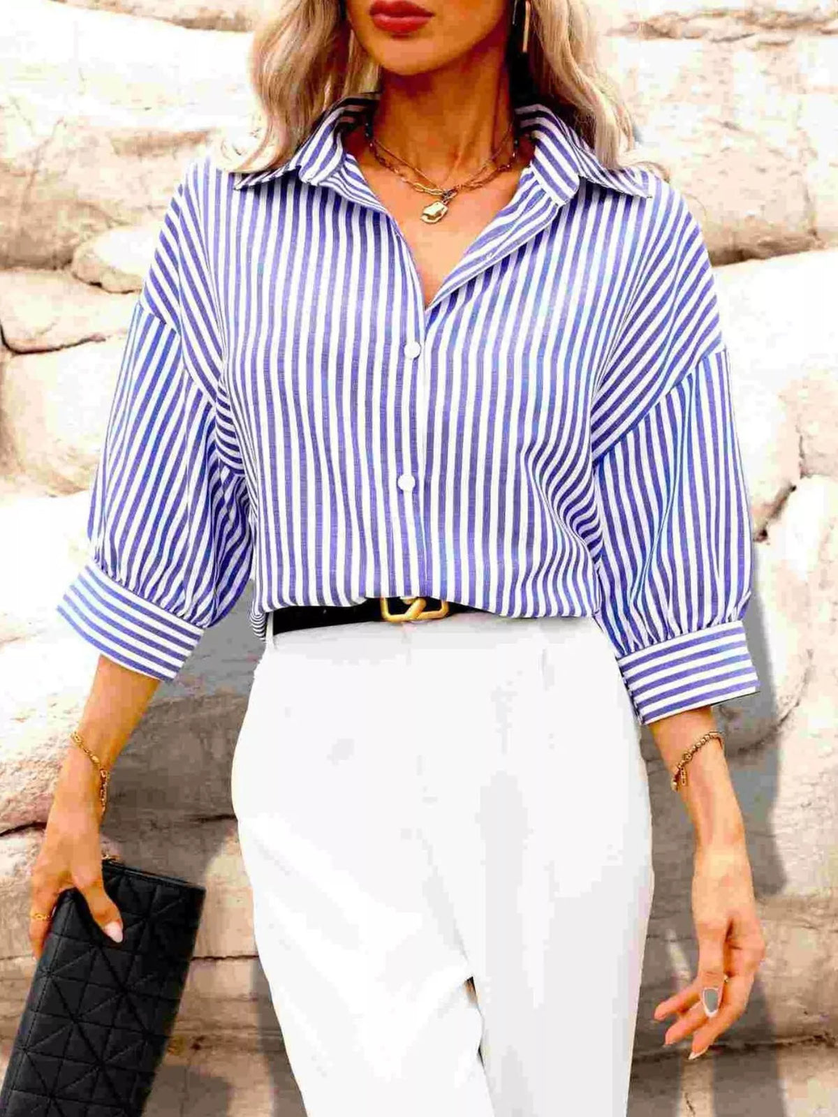 Blue and white striped button-down shirt with point collar and long sleeves