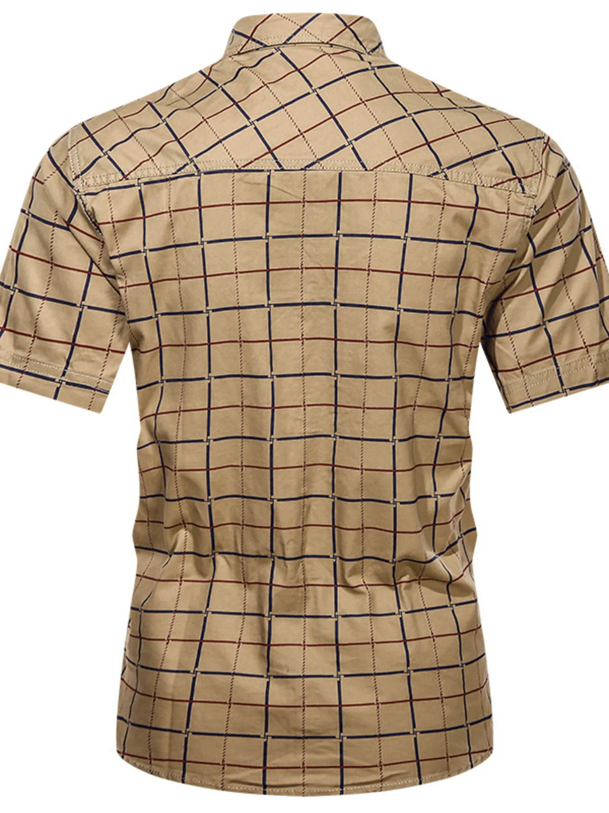 Men's tan plaid short-sleeve button-up shirt, back view