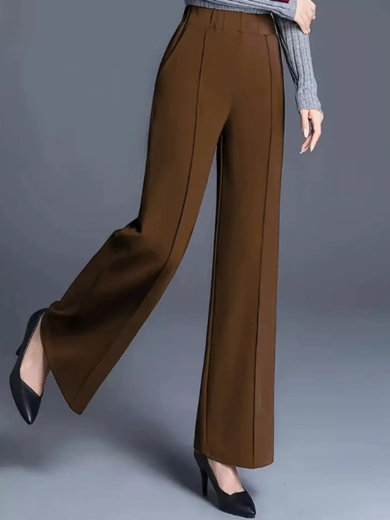 High-waisted wide-leg pants in dark brown, draping wide-leg fit with long hem and straight front
