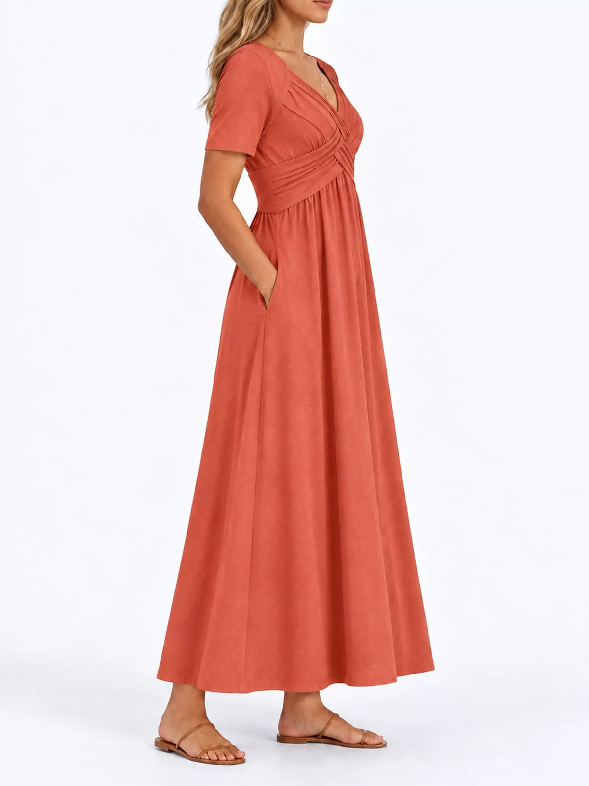 Coral crisscross high-waist midi dress with short sleeves, side view