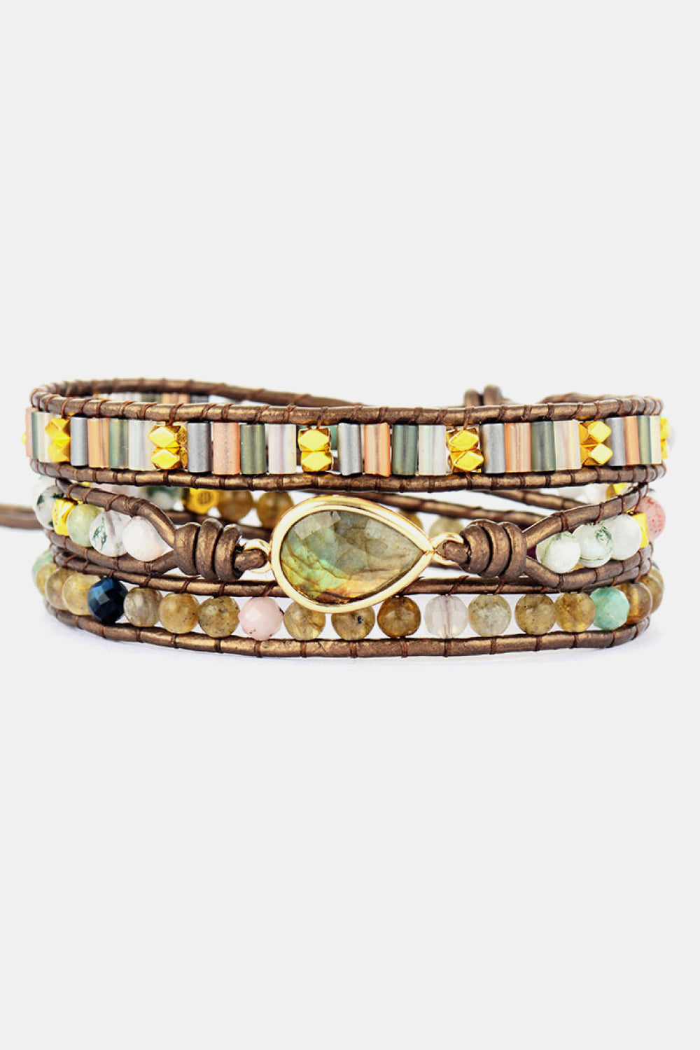 Triple-layer beaded bracelet with brown wrap, multicolor glass beads, gold accents
