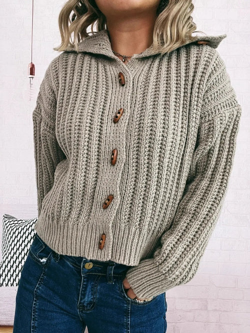Khaki button-up long-sleeve cardigan with ribbed texture and brown button placket, front view