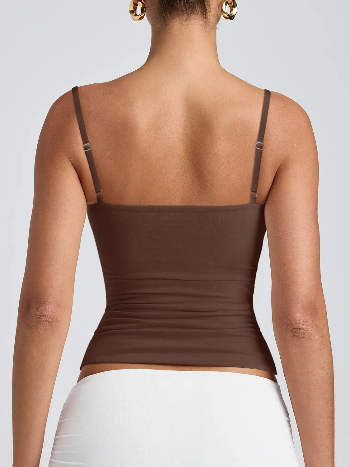 Brown scoop neck cami back view with thin straps and fitted ruched sides