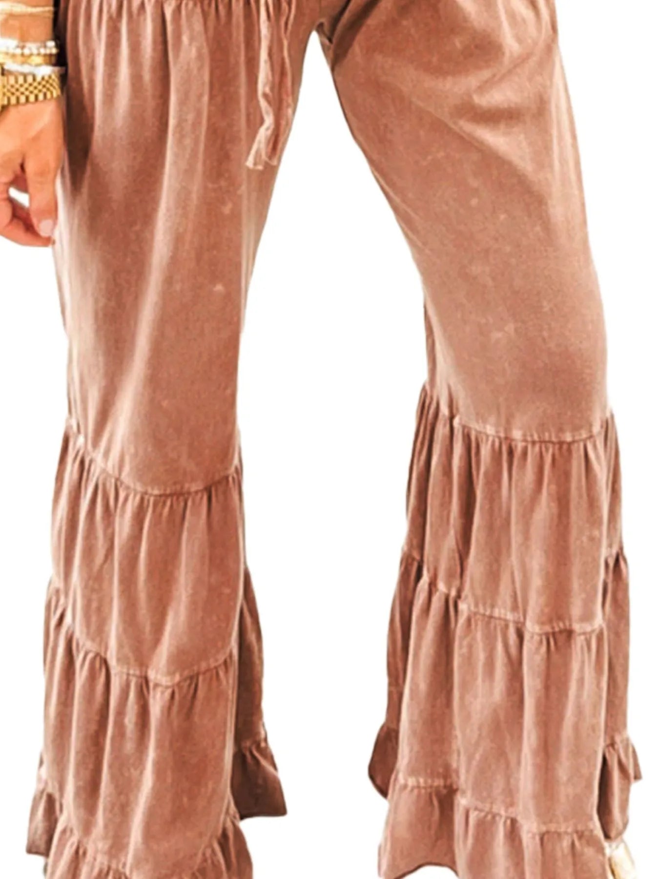 Caramel-brown tiered ruffle flare pants with open hems at sides