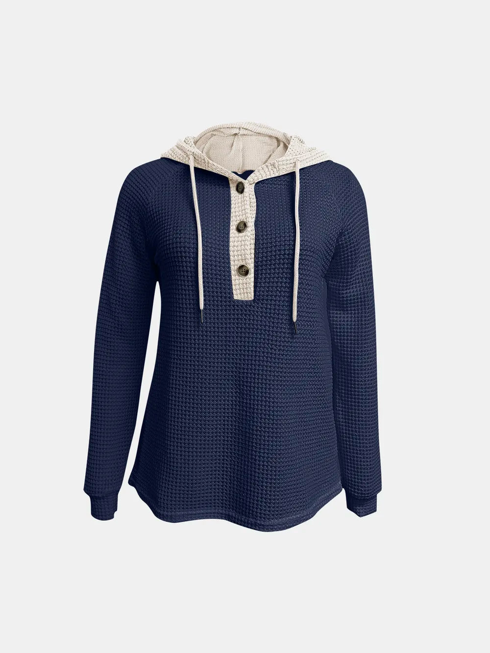 Dark navy waffle-knit long-sleeve hoodie with contrast hood and button henley placket