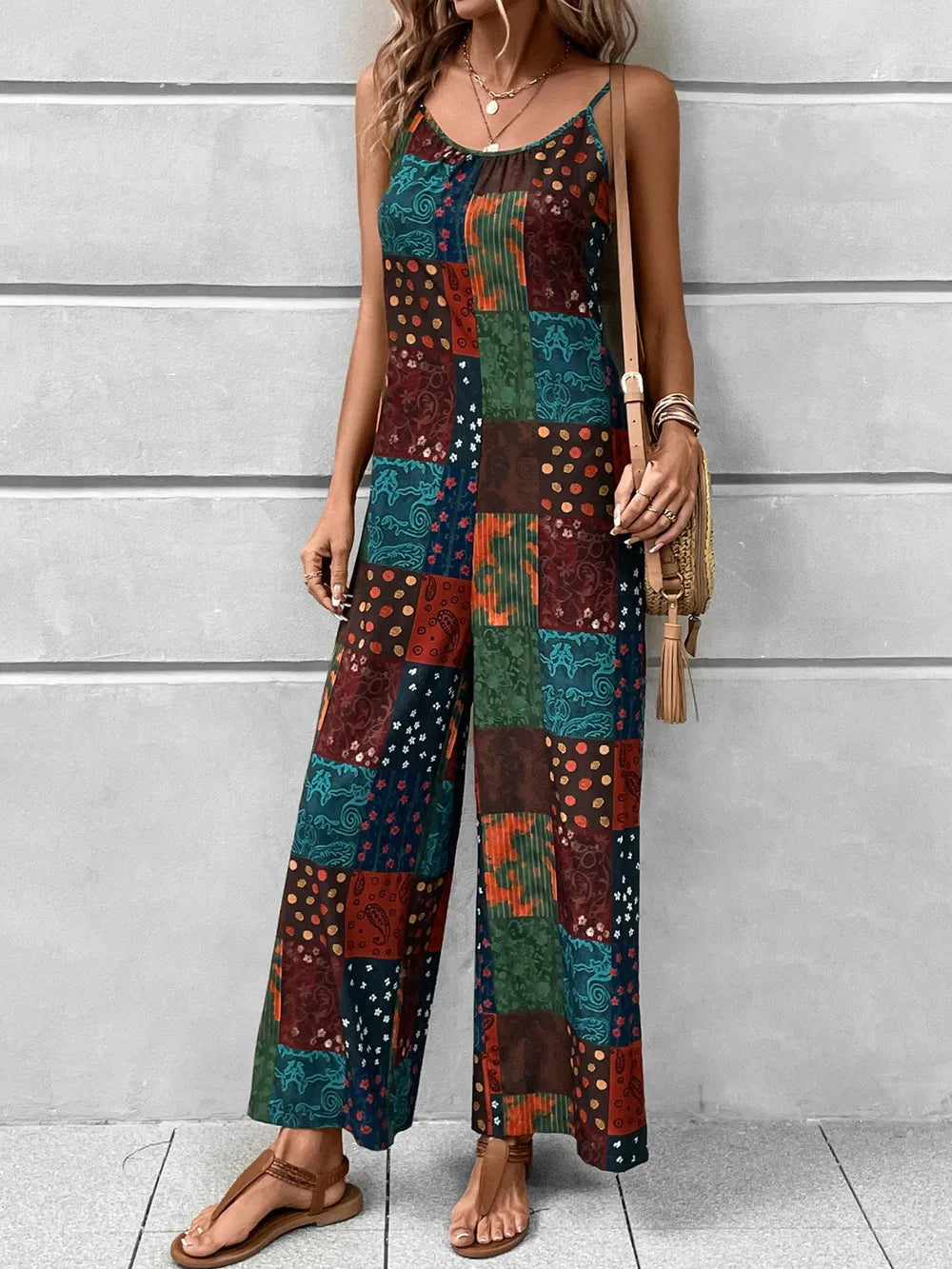 Multicolor patchwork printed jumpsuit with scoop neckline, spaghetti straps, wide-leg
