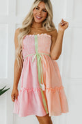 Contrast Smocked Tube Mini Dress by Trendsi in pink-peach pastel stripes with mint-green belt