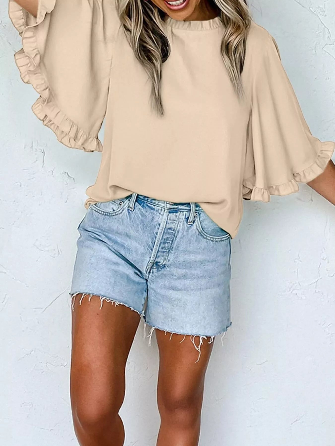 Ruffle Trim Half Sleeve Blouse, beige; non-stretch fabric, shown with light-wash denim shorts