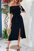 Perfee black tie-waist off-shoulder split dress, gathered neckline and front slit