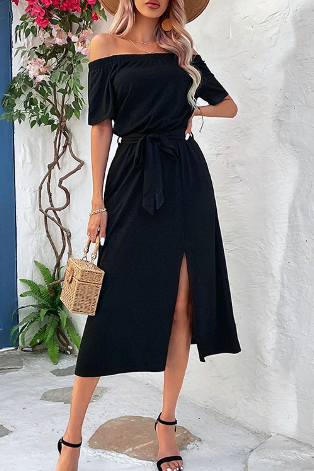 Perfee black tie-waist off-shoulder split dress, gathered neckline and front slit
