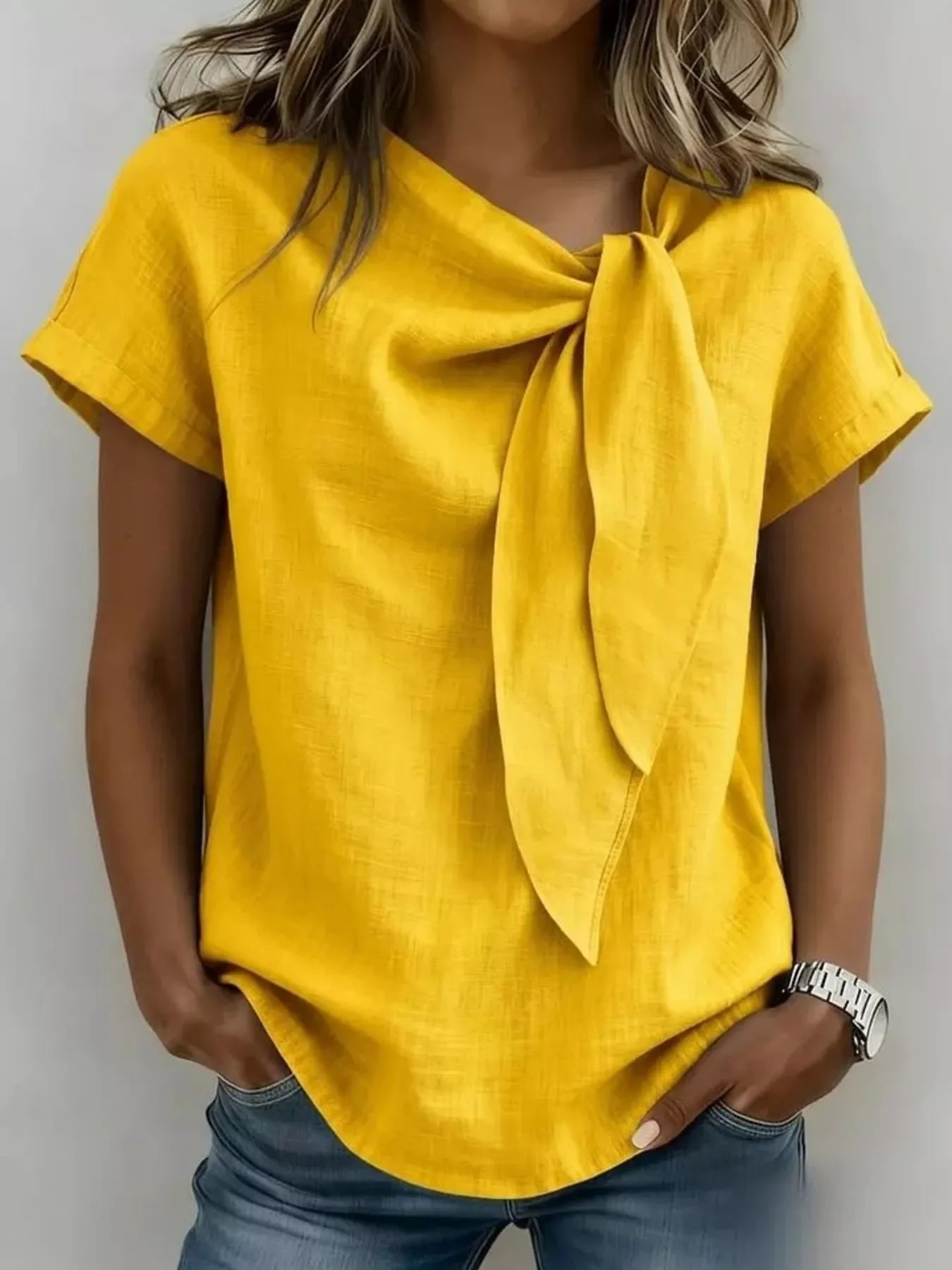 Yellow bow-tie neck short-sleeve blouse with knotted neckline