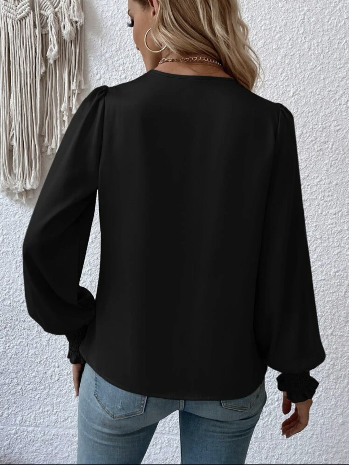 Ruched Surplice Long Sleeve Blouse, black, back view with voluminous puff sleeves