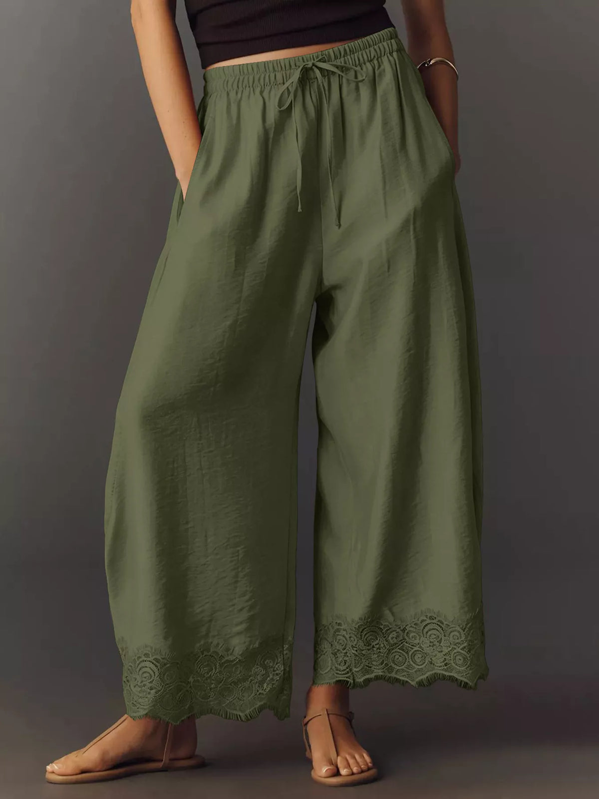 Drawstring wide-leg lace pants in olive green, elastic waist and lace-trim hem