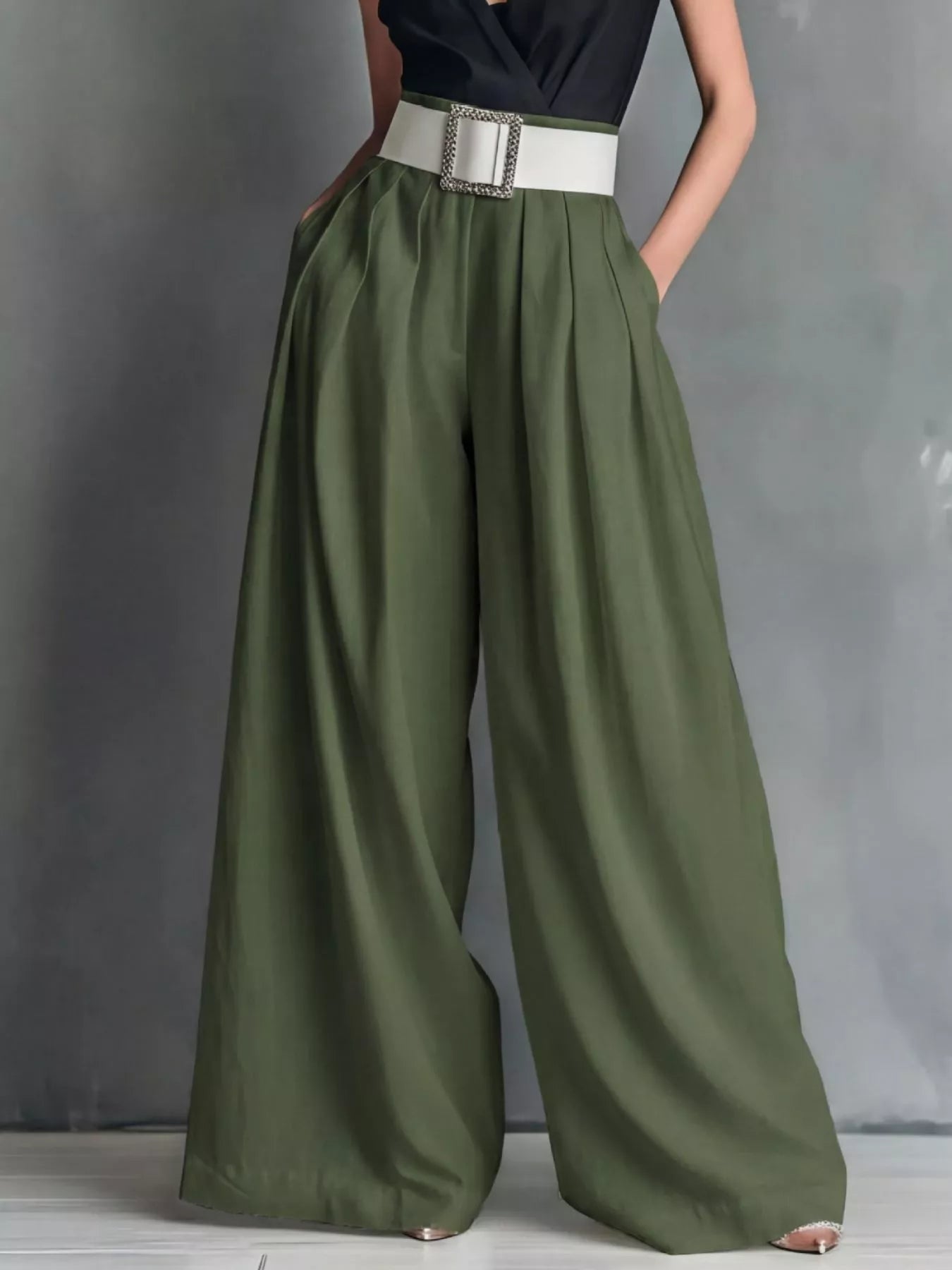 Army green high-waisted wide-leg pants with sculpted belt and square buckle