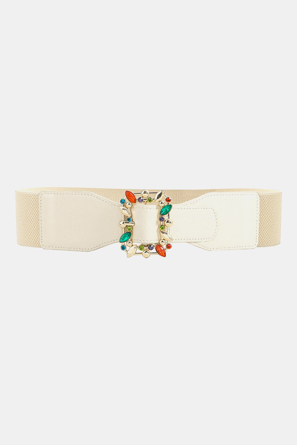 Ivory elastic belt with decorative multicolor leaf buckle and square center ornament