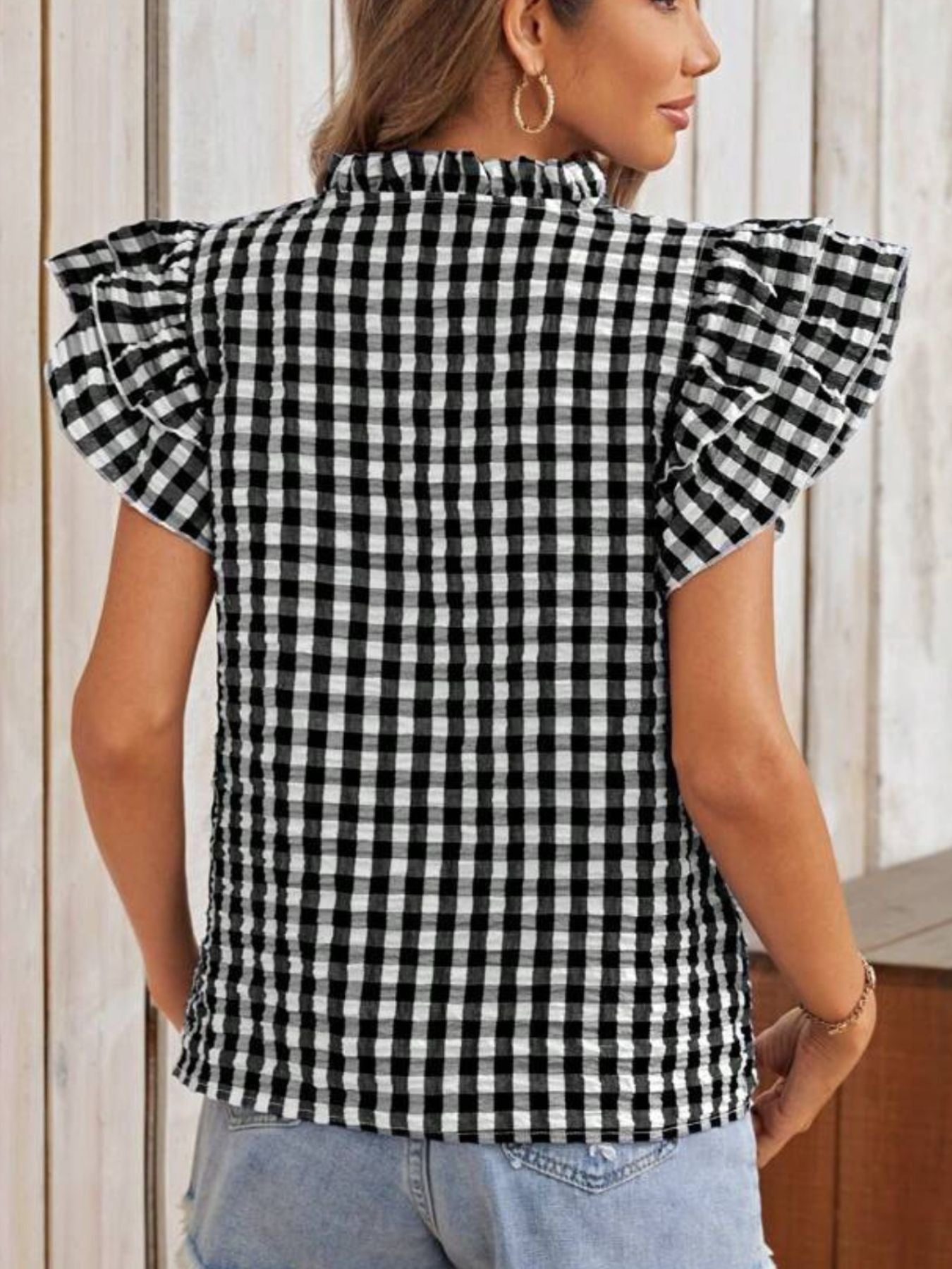 Gingham Ruffle Sleeve Blouse, black-and-white check with flutter sleeves, non-stretch fabric, women's top