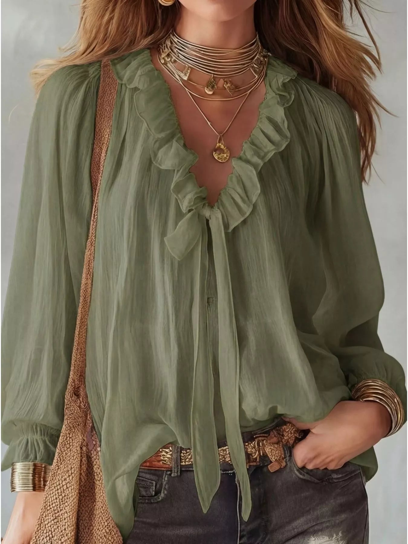 Sage green ruffle long-sleeve blouse with gathered V-neck ruffles and tie