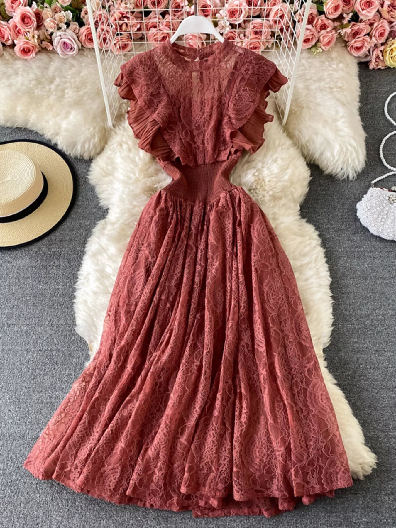 Cedar & Moore Ruffled lace maxi dress in dusty rose with mock neck.