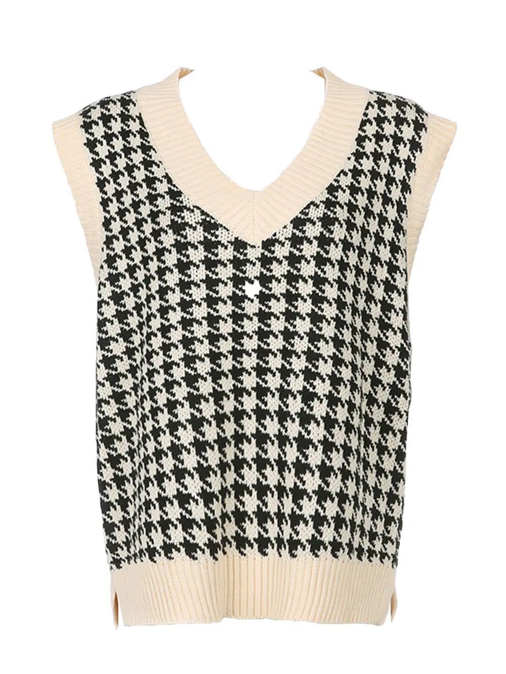 Black-and-cream houndstooth V-neck sweater vest with ribbed hem and armholes