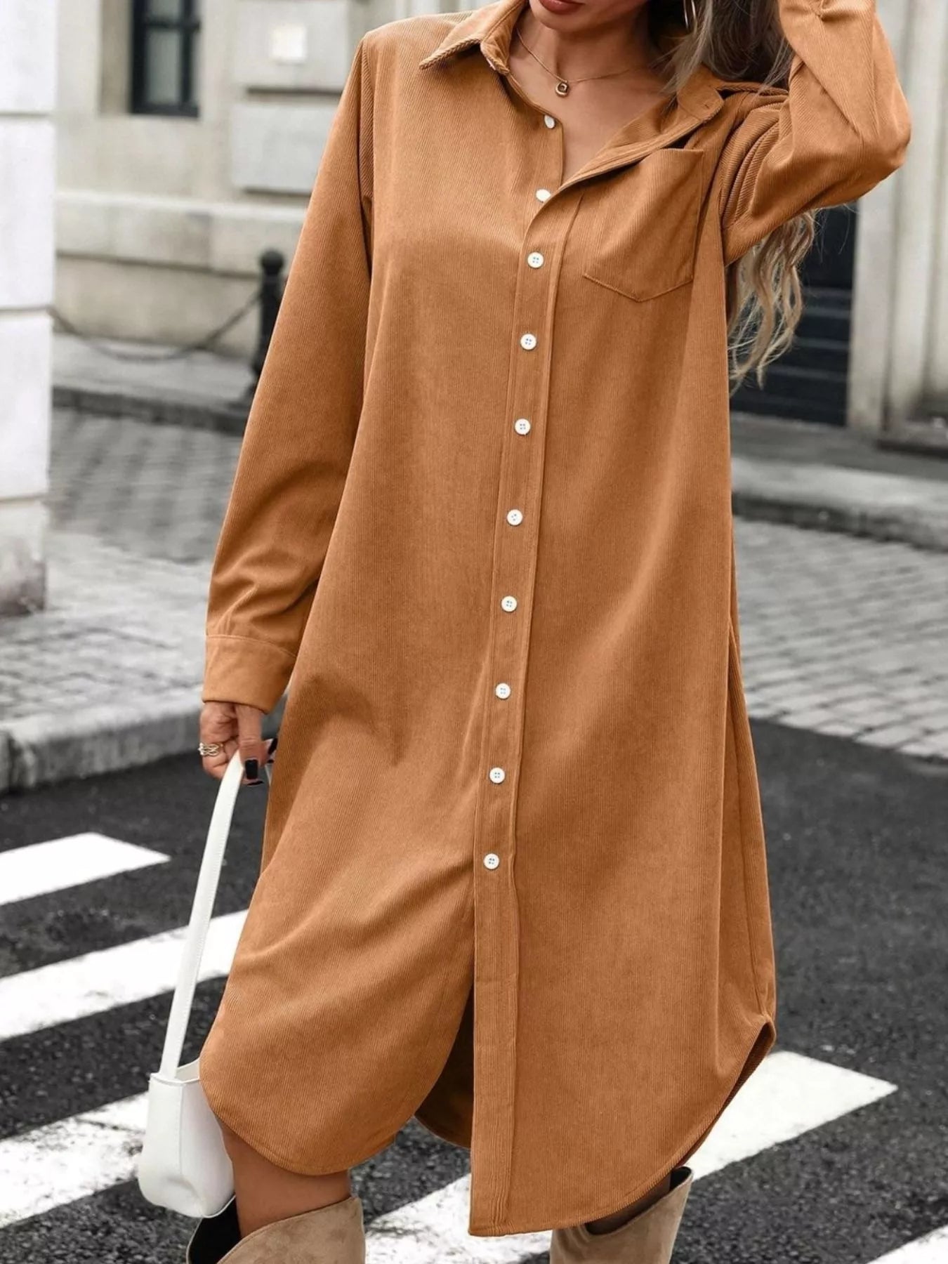 Brown corduroy button-up shirt dress with pointed collar and side-slit hem