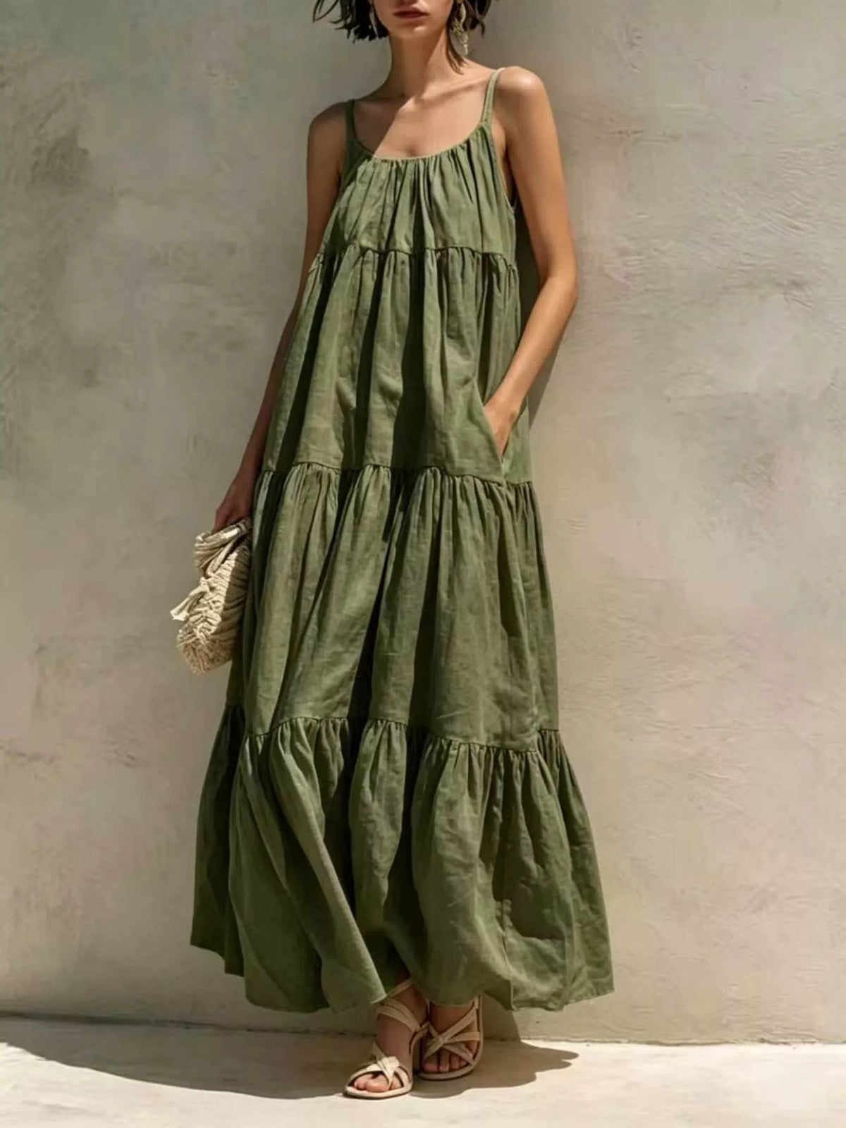 Army green tiered maxi dress with scoop neckline and sleeveless gathered tiers