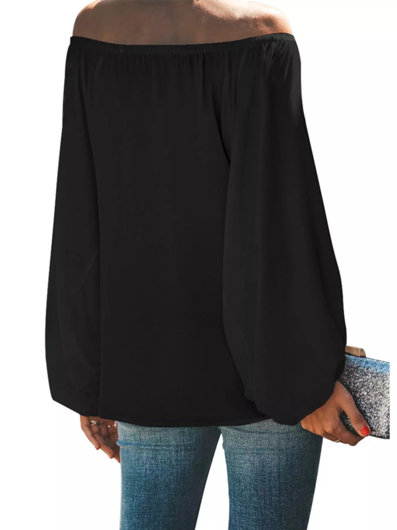 Cedar & Moore Full Size Off-Shoulder Balloon-Sleeve Blouse Plus Size, black