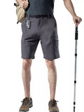 Charcoal cargo shorts with belt, front button closure, and side utility pockets