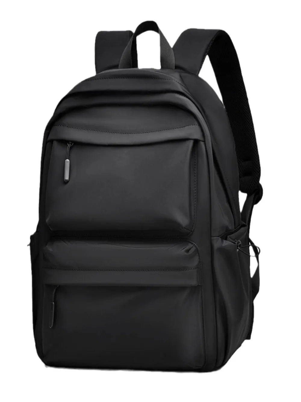 Black multi-pocket backpack with adjustable shoulder straps and front organizer panel