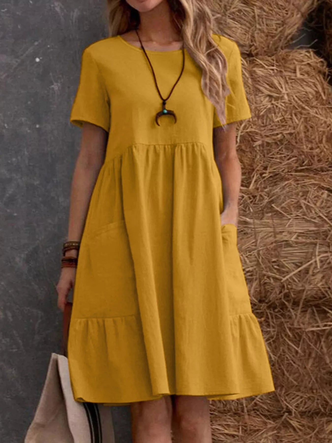 Cedar & Moore: Full Size Casual Loose Fit Tiered Ruffle Hem Dress Plus Size, mustard yellow, short sleeves
