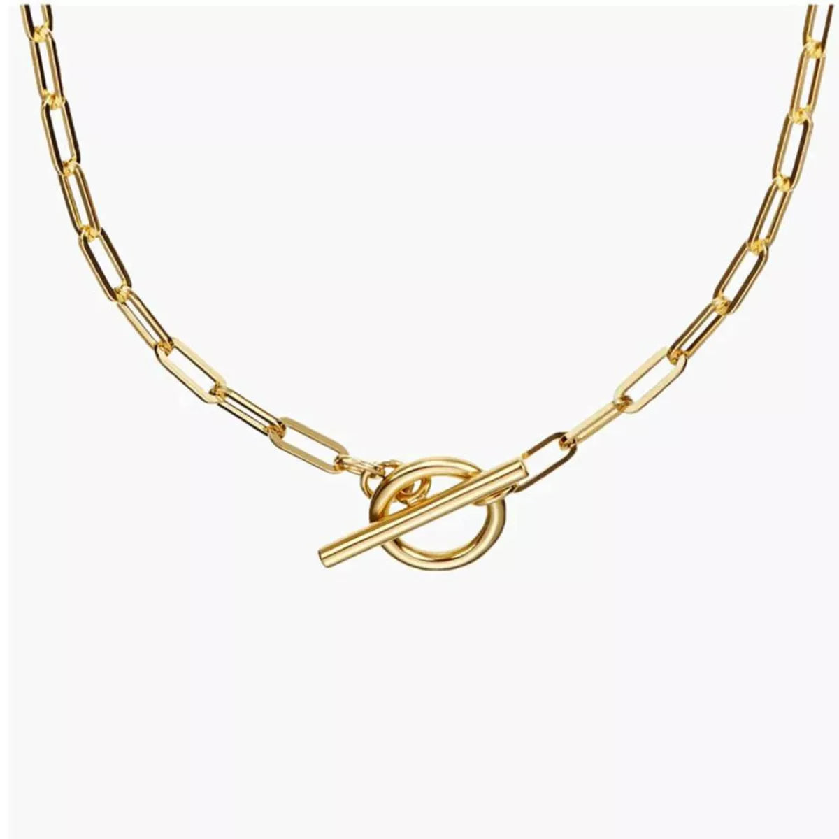 Gold chain link necklace with toggle clasp bar and round loop