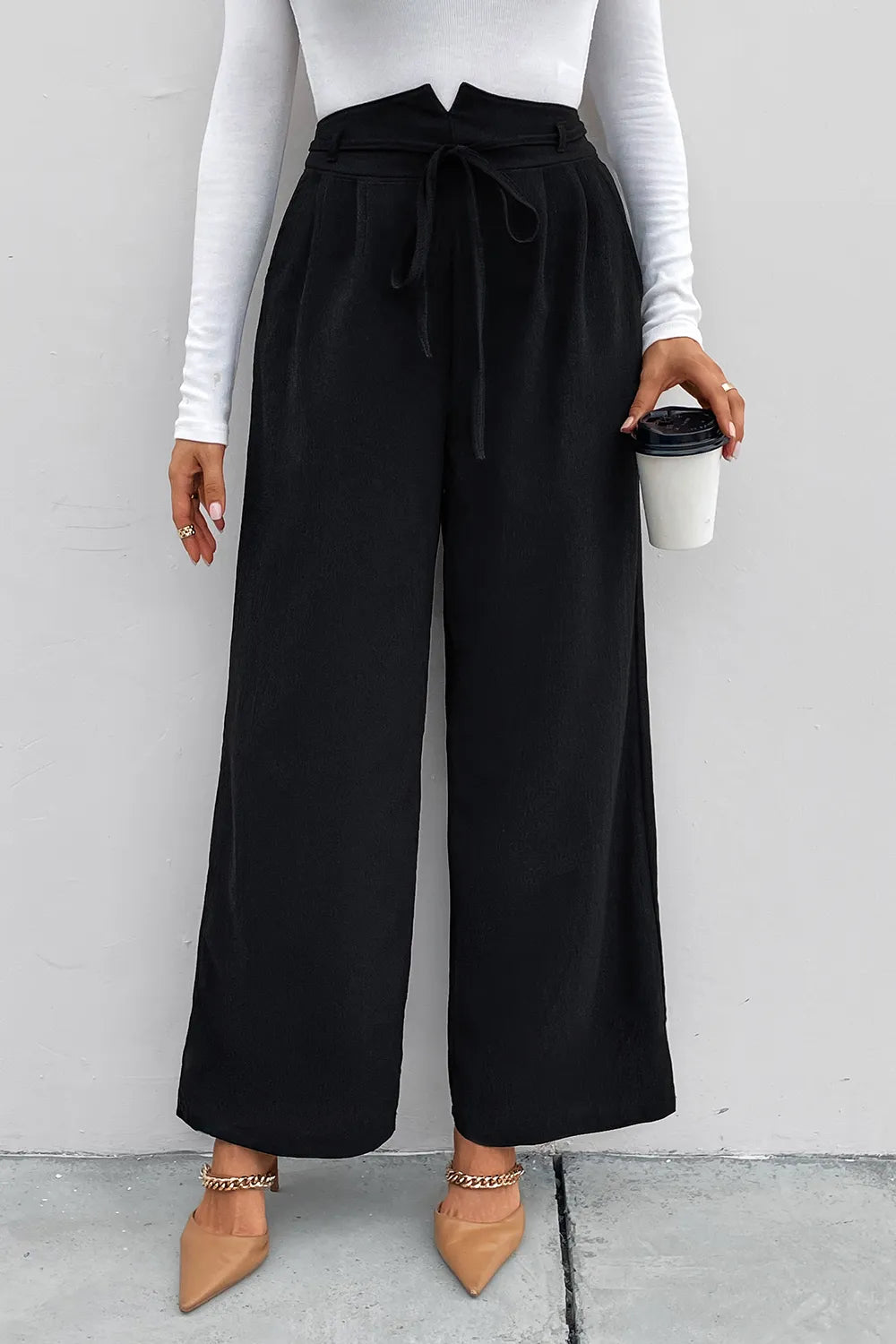 Black high-waist ruched tie-front wide-leg pants with gathered waist
