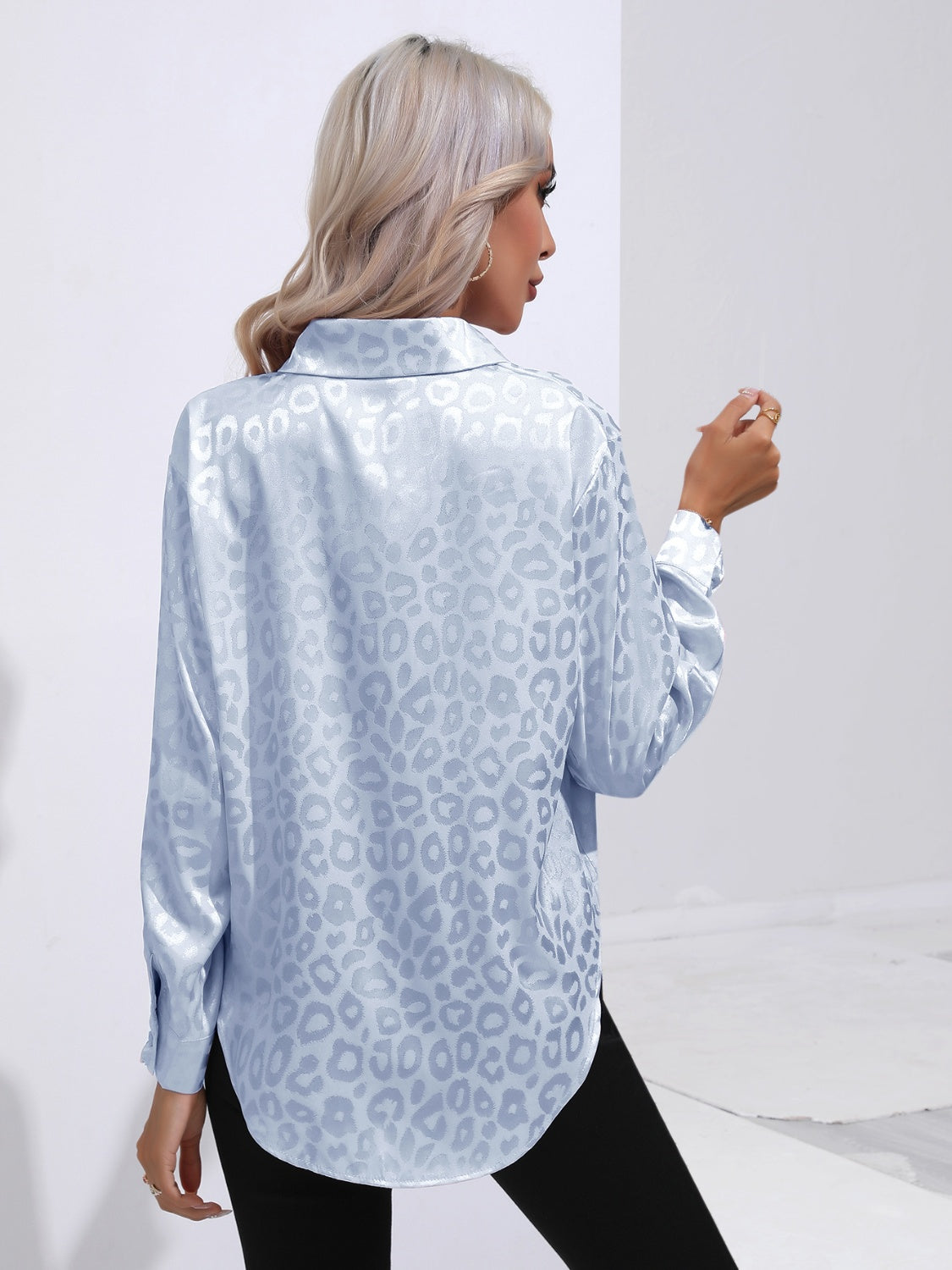 Light blue leopard-print collared button-up shirt, back view, long sleeves