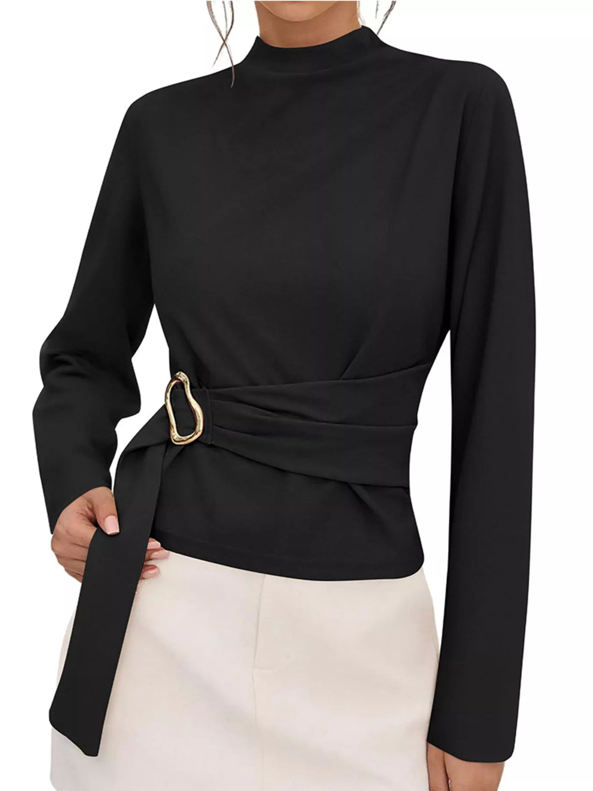 Black mock neck blouse with ruched waist belt and gold ring detail