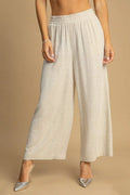 High-waisted embellished linen pants, oatmeal speckled wide-leg with elastic waistband