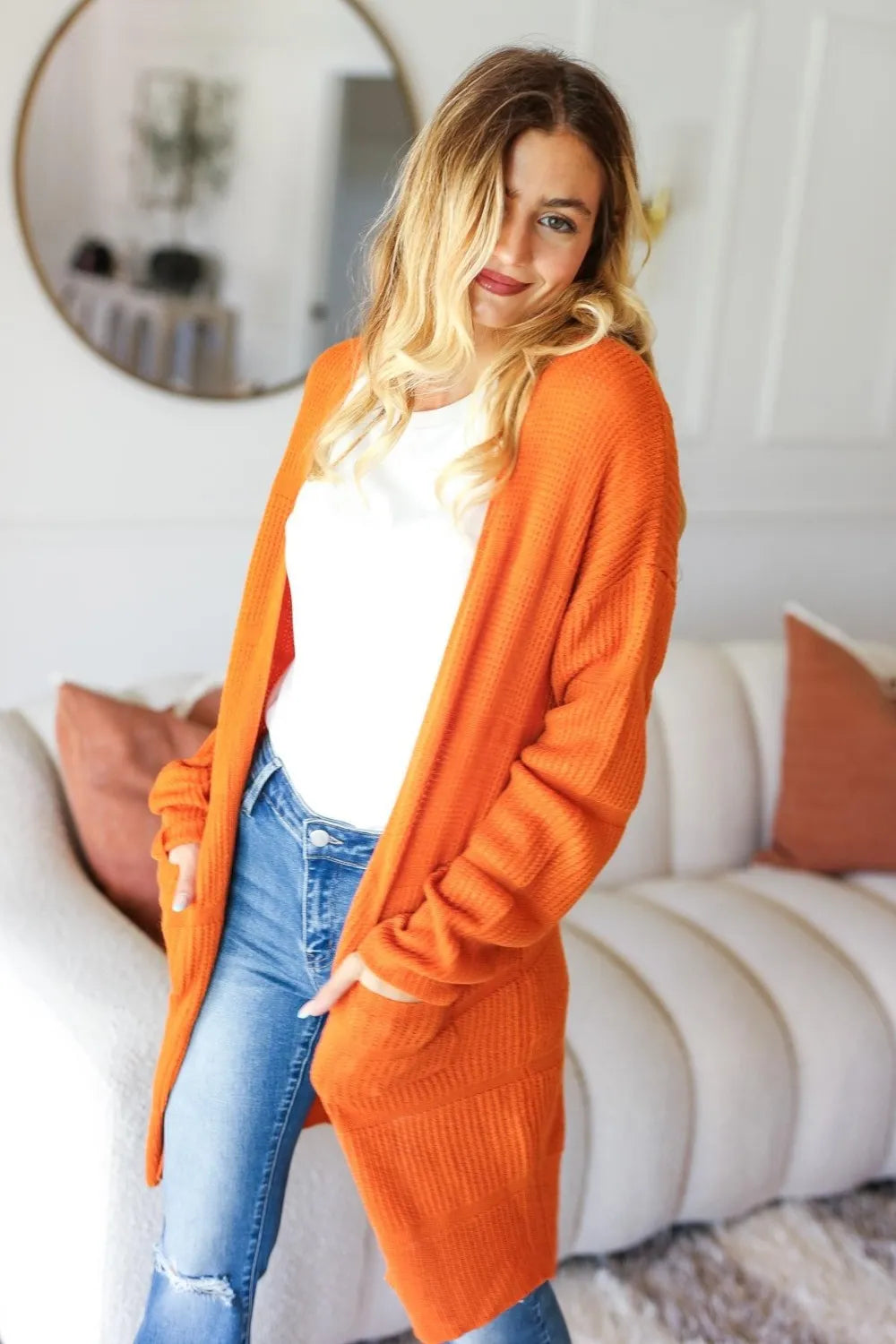 Haptics rust textured open cardigan, long sleeves, draped front