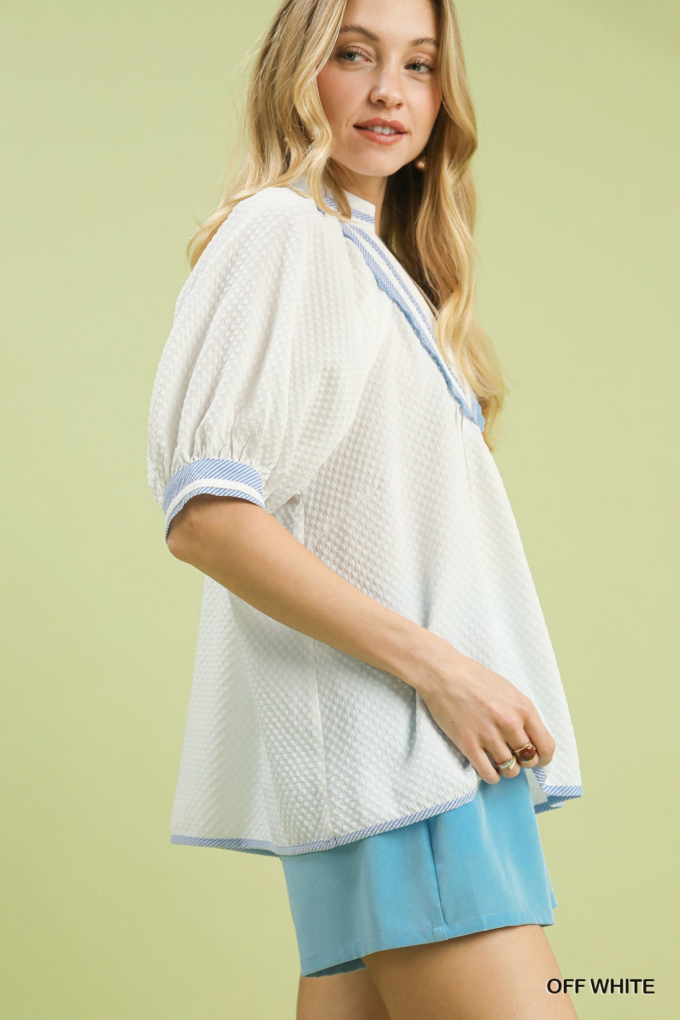 Cedar & Moore Umgee Textured Jacquard Top with blue trim on white fabric