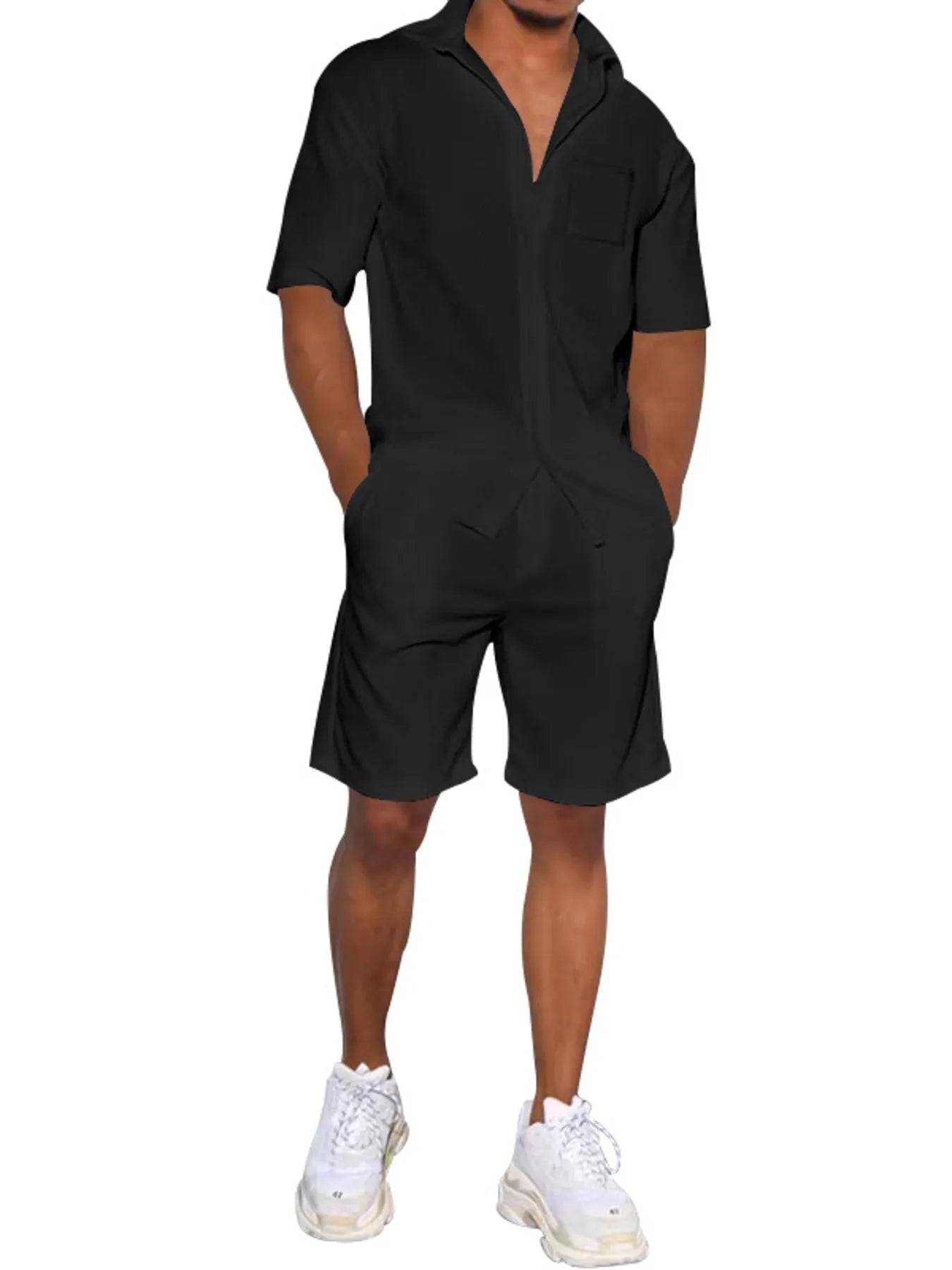 Black button-up shirt and matching shorts set, short sleeves and chest pocket