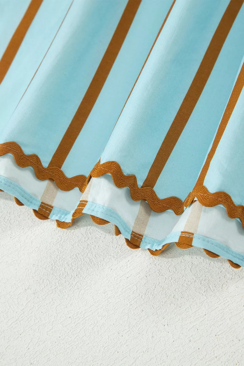 Cedar & Moore Stripe ricrac trim double-ruffled short sleeve V-neck blouse in turquoise with brown stripes scalloped hem