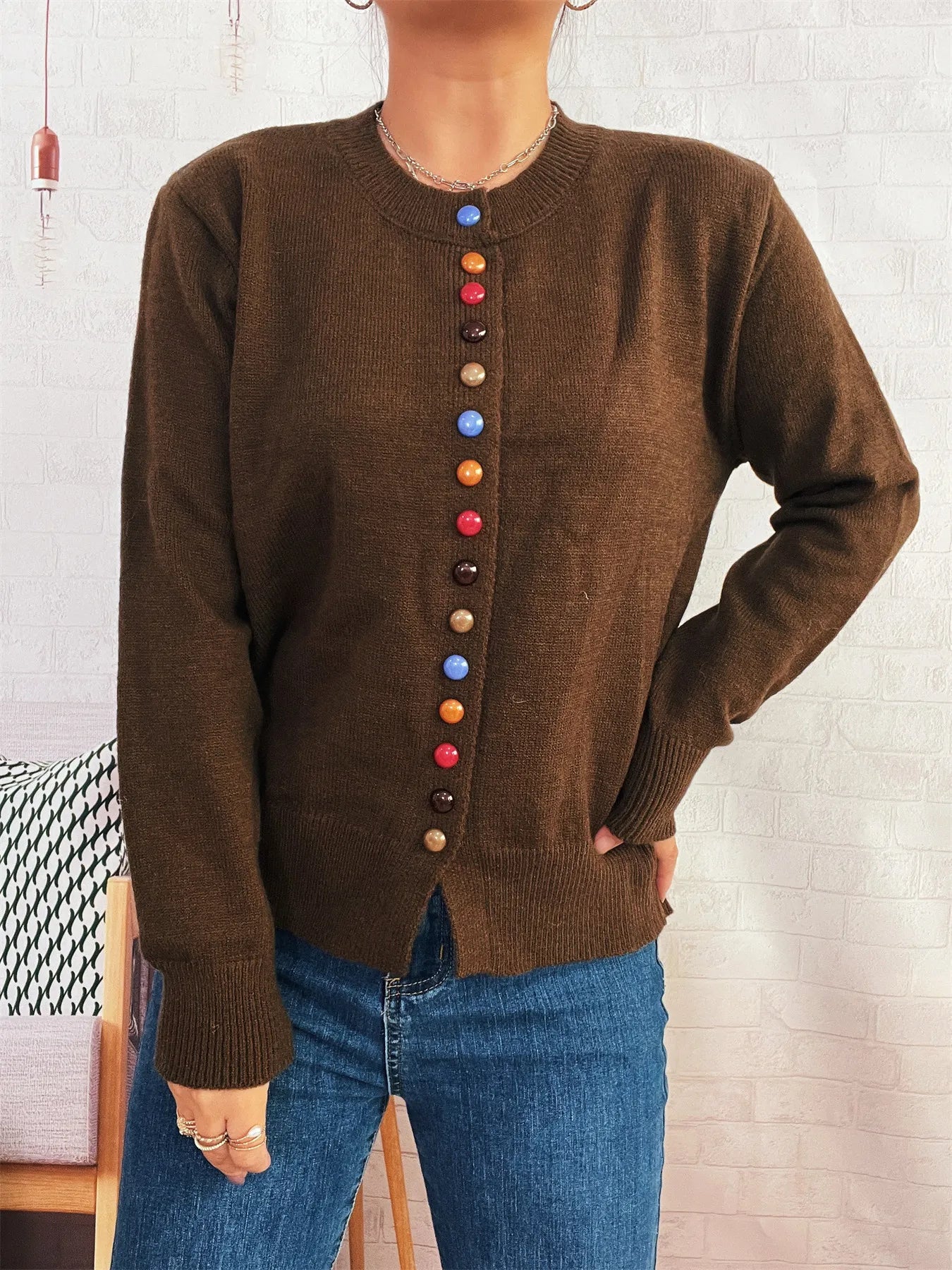 Brown button-front cardigan with colorful detail buttons, ribbed cuffs and hem