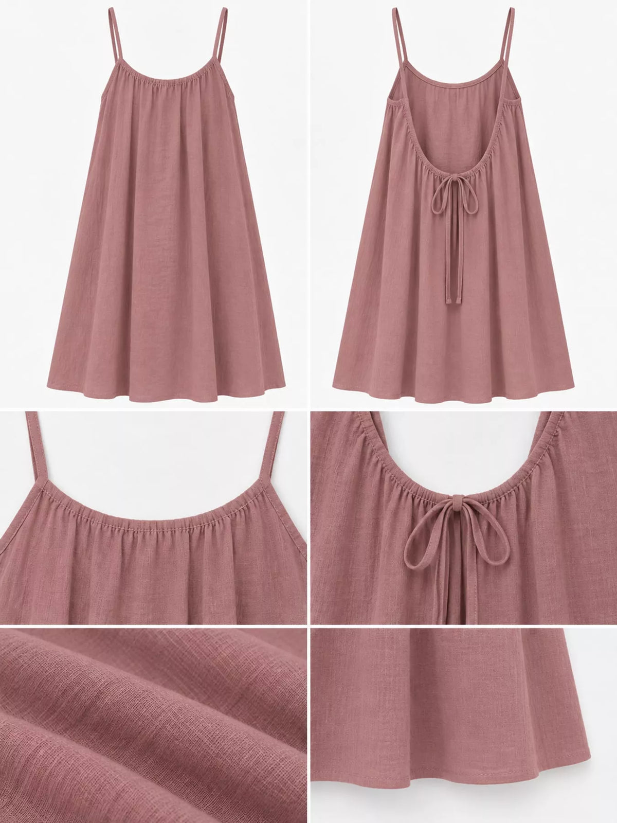 Backless spaghetti-strap ruched mini dress in dusty mauve, tie-back detail and soft drape fabric.