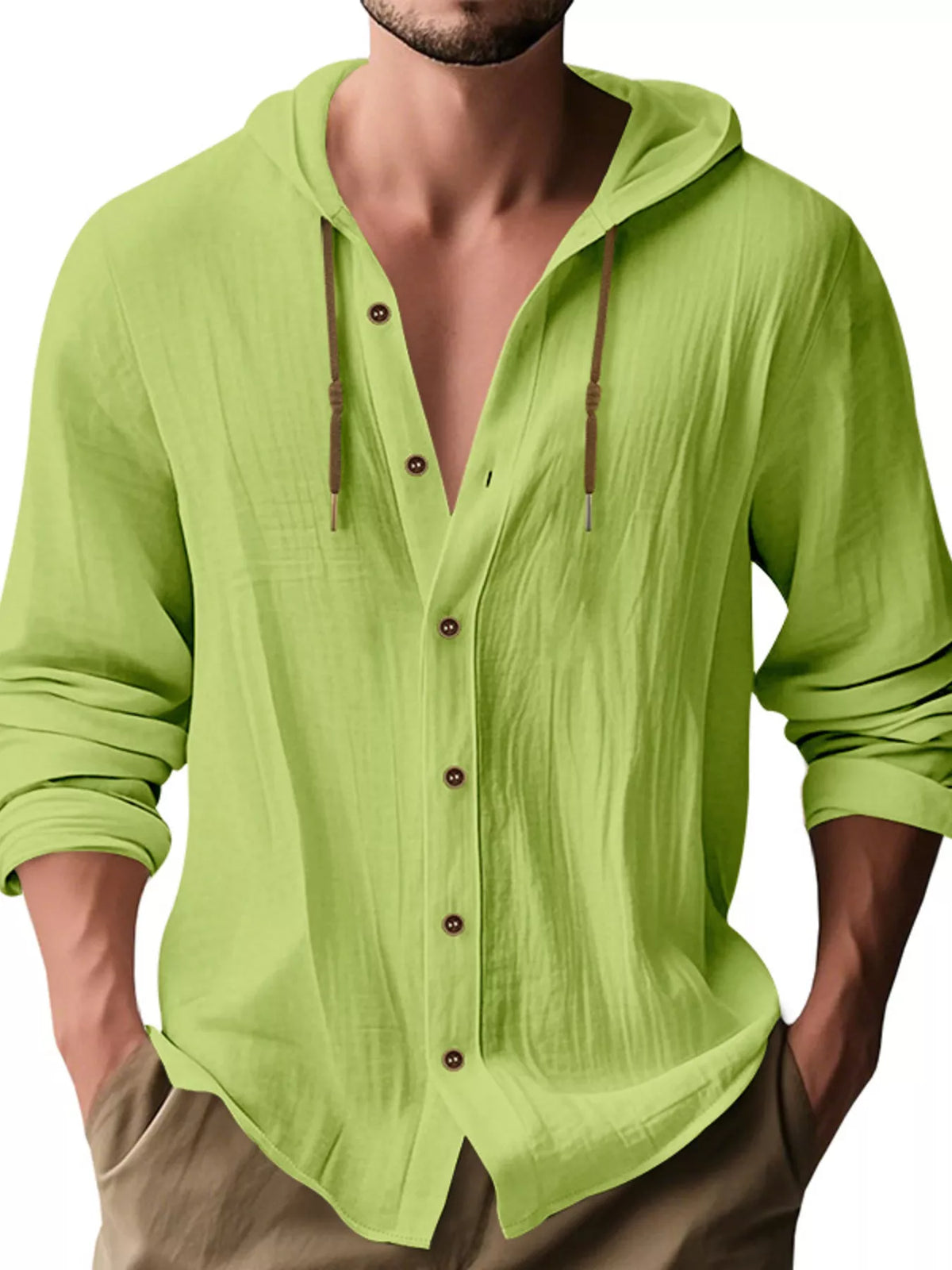Men's lime green linen hooded button shirt with drawstring cords and front button placket