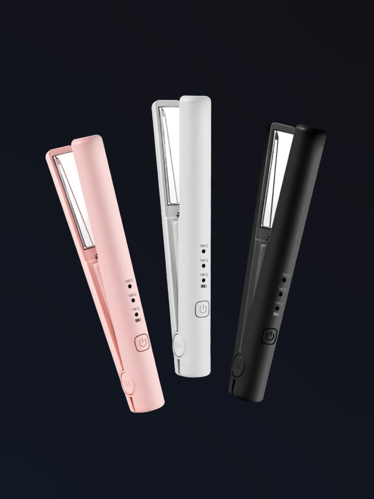 Cordless rechargeable mini hair straighteners in pink, white, and black