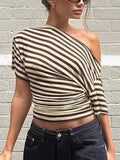 Cedar & Moore Striped one-shoulder T-shirt in cream and brown stripes by Trendsi