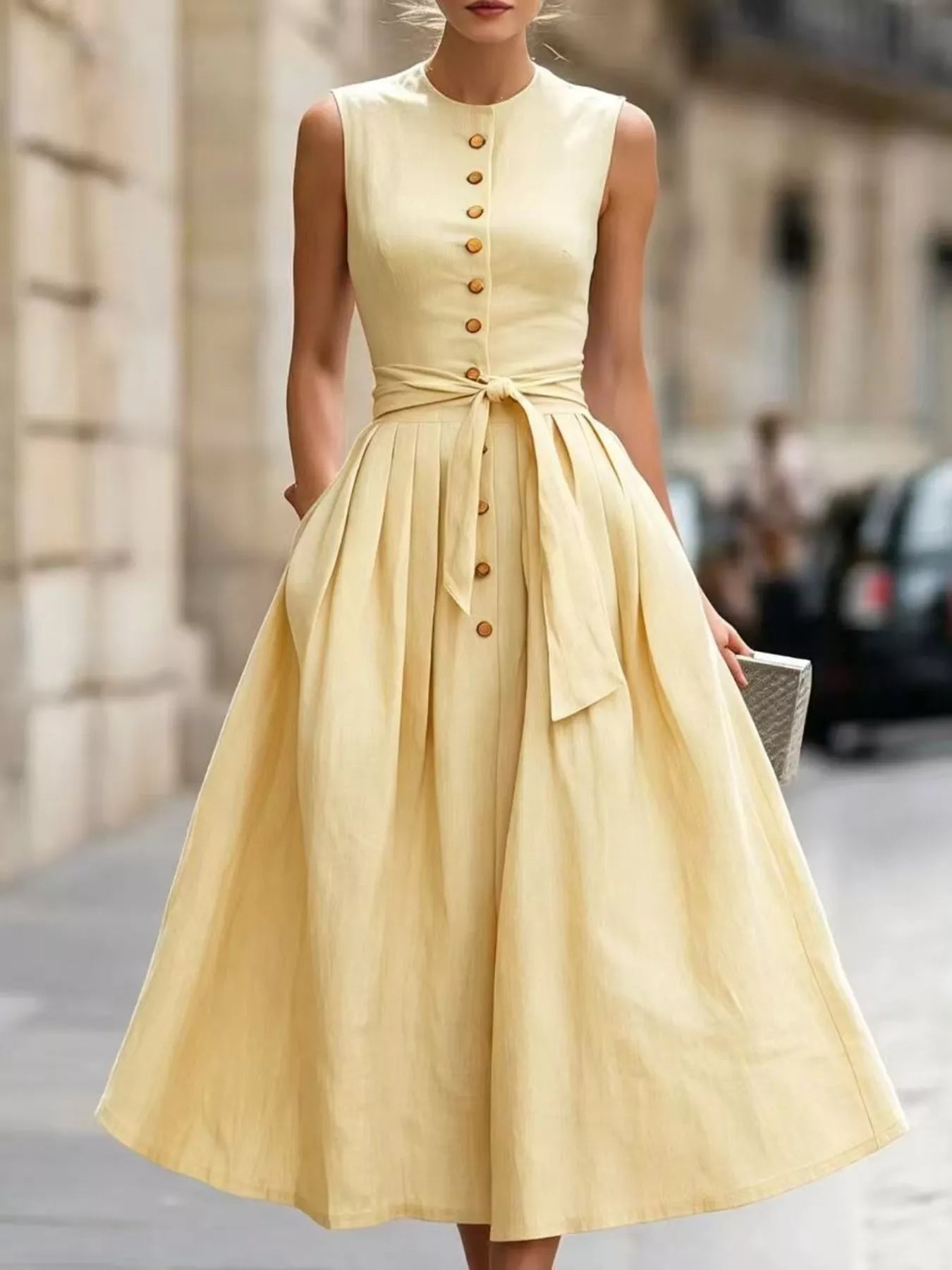 Cream sleeveless midi dress, button front, waist tie belt, full gathered skirt.