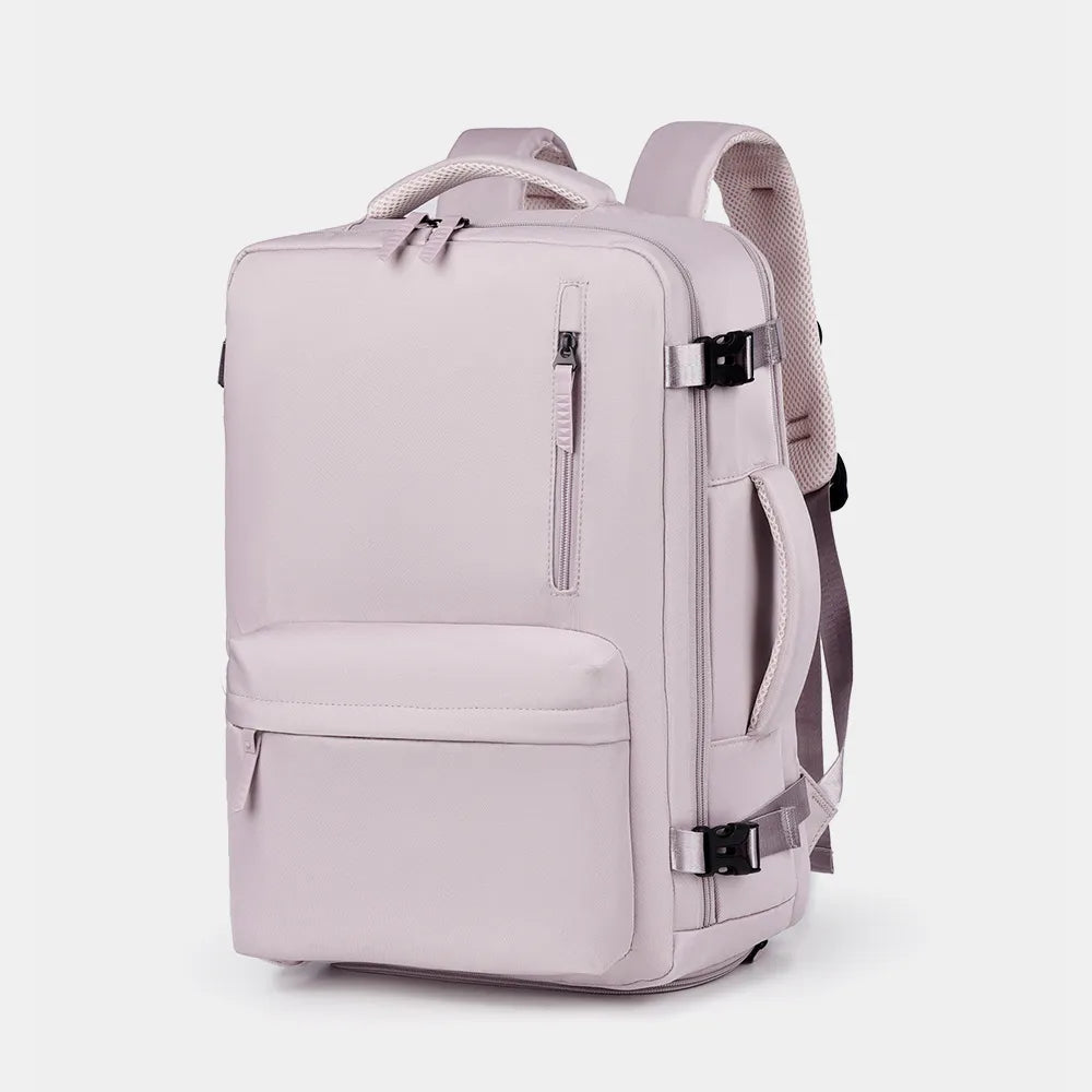 Pink purple oxford backpack with side pockets, front zipper, padded handle and straps