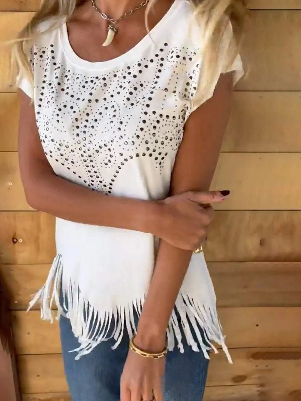 White studded cap-sleeve T-shirt with heart sparkle and side fringe
