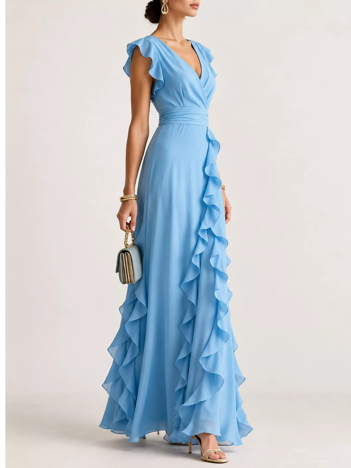 Sky blue sleeveless maxi dress with tiered ruffle skirt and flutter cap sleeves