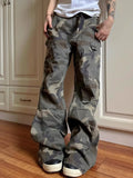 Green camouflage cargo jeans with flap pockets and relaxed straight-leg fit