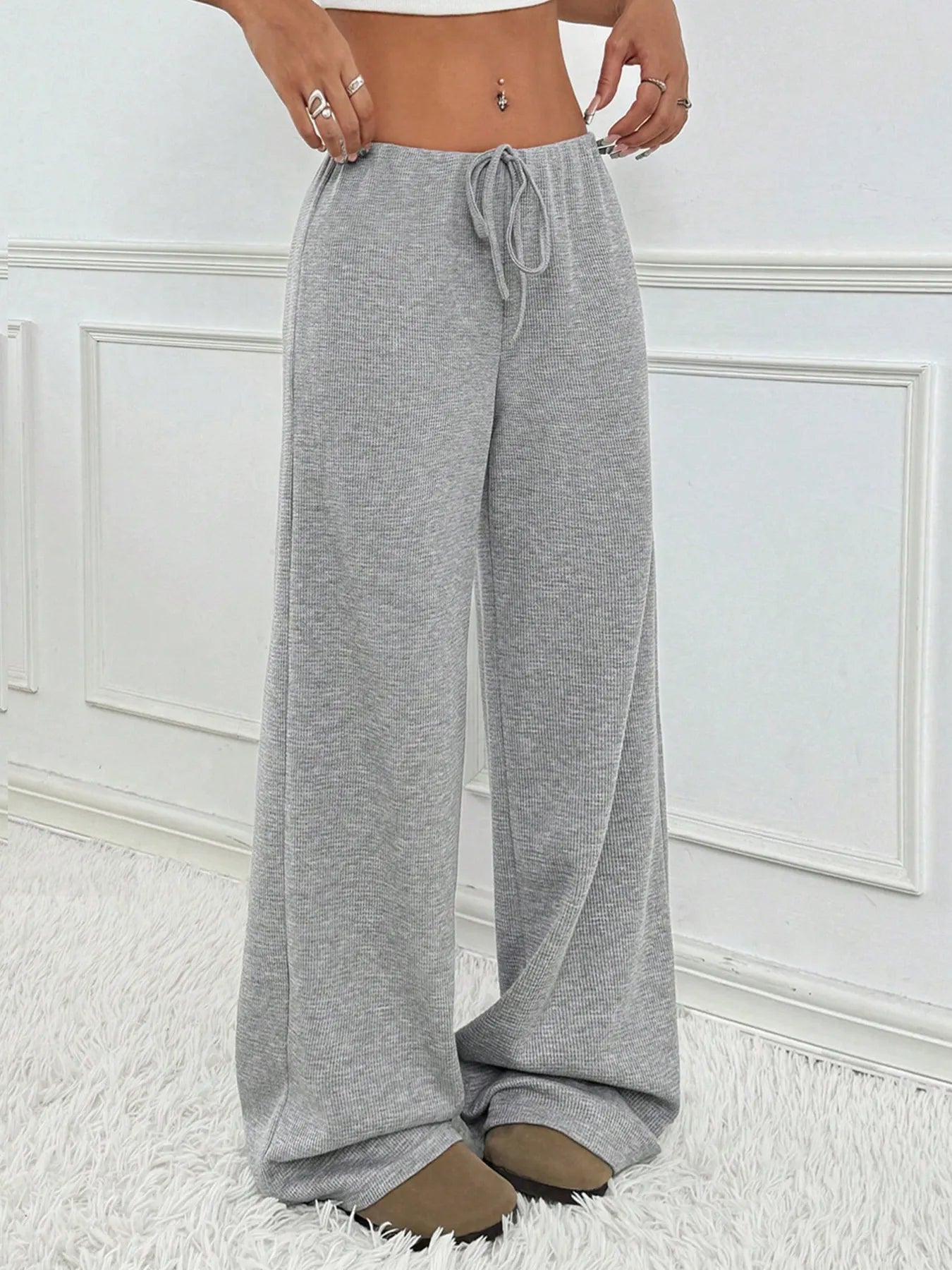 Heather gray wide-leg drawstring pants with elastic waistband