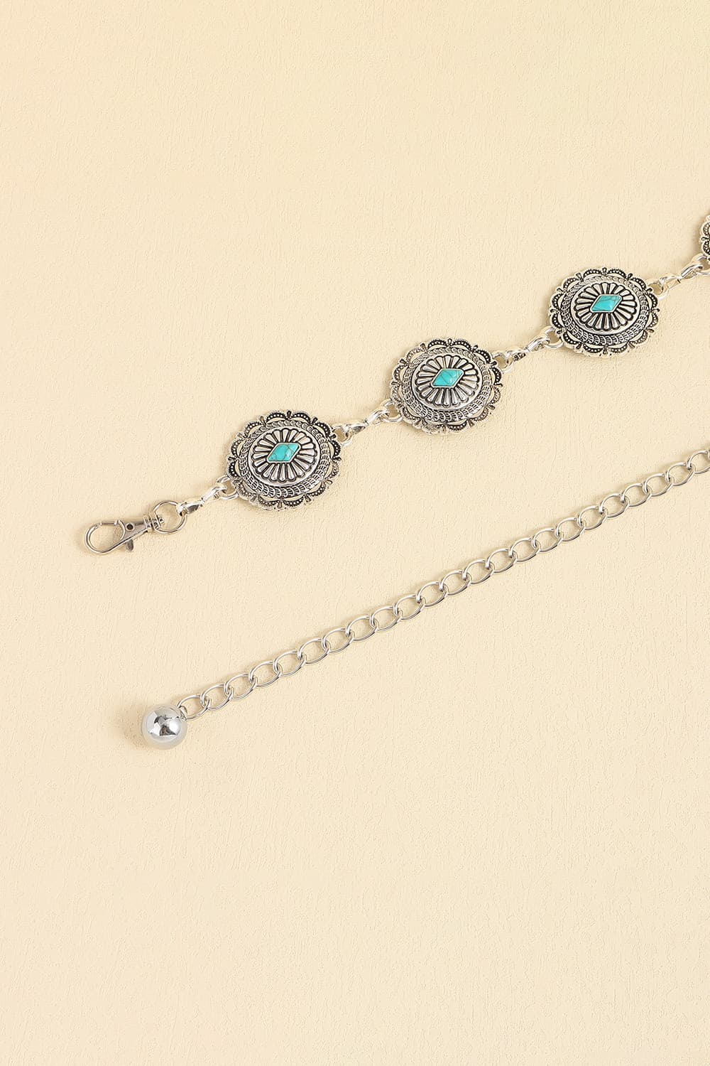 Vintage turquoise alloy belt with three round scalloped turquoise inlay medallions and clasp